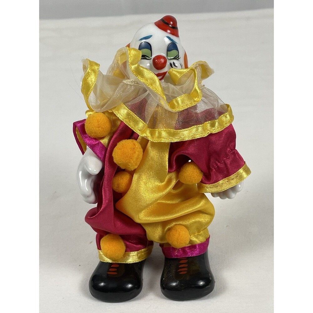 Vintage Porcelain Clown Doll Figurine 6" Tall Red Yellow Ruffle Outfit